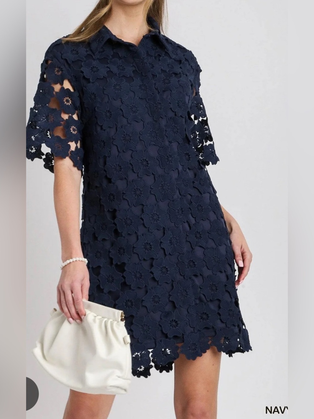 Umgee Navy Floral Crochet Shirt Dress